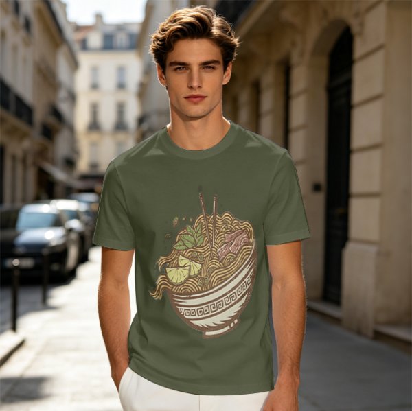 Olive Green T-Shirt With Illustrated Noodle Bowl Print