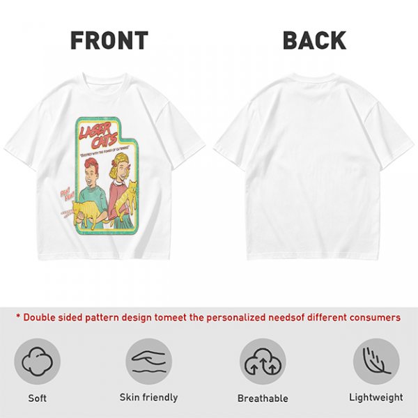Olive graphic tee with Laser Cats retro comic print of kids holding laser cats