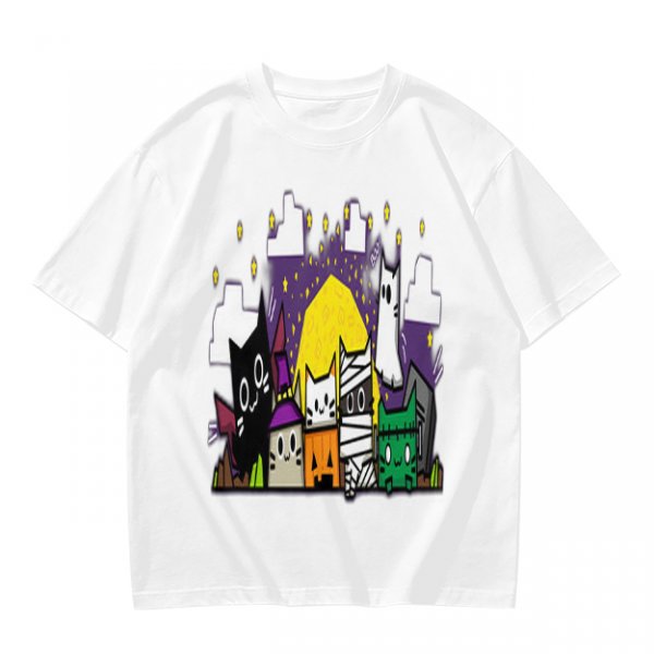 Olive T-Shirt With Halloween Themed Cute Cat Characters Print