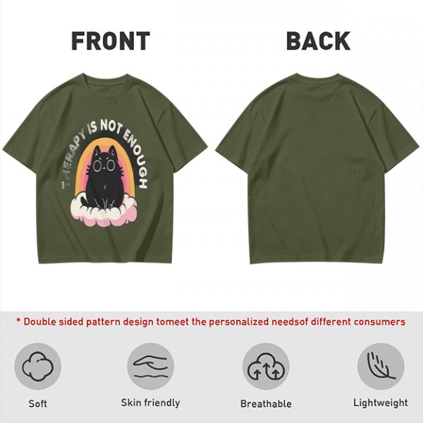Olive graphic tee with black cat, rainbow, and 'Therapy Is Not Enough' text