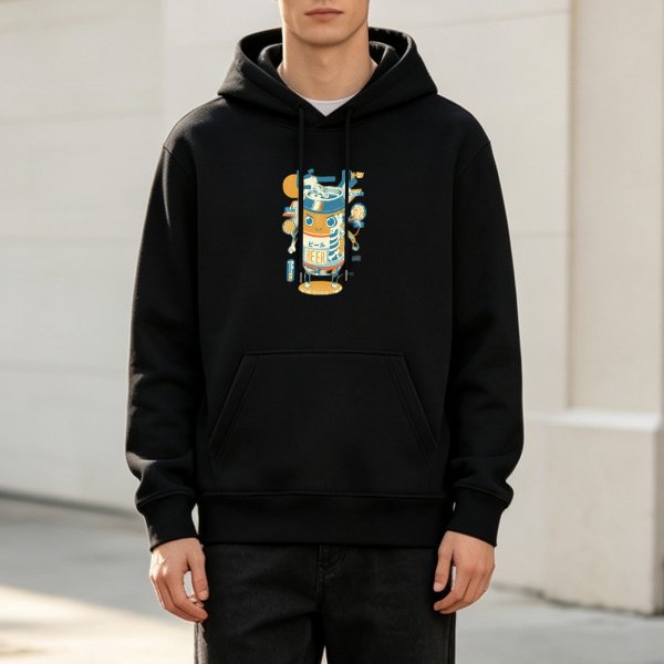 Black Hoodie With Cute Beer Can Robot Graphic Print