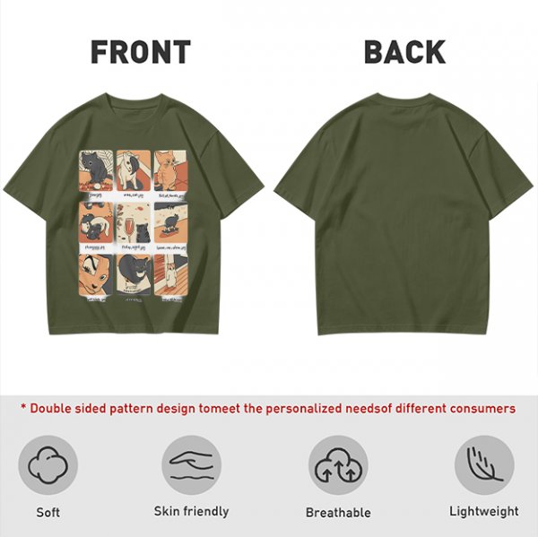 Olive T-Shirt with 9 Grid Cute Cat Illustrations Print