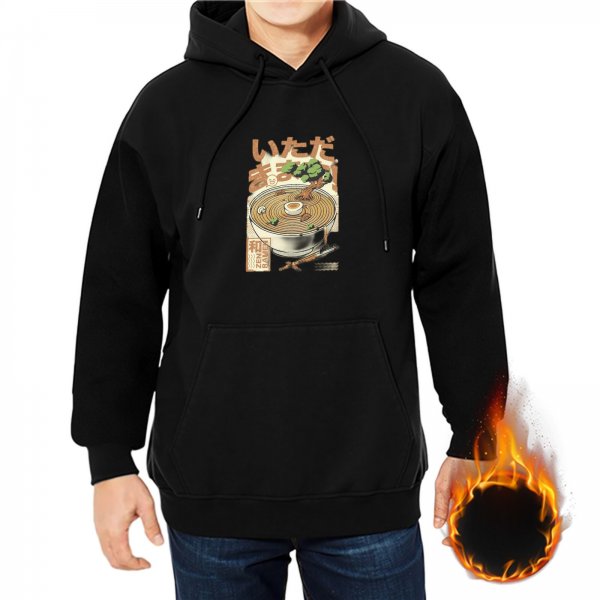 Black hoodie with Japanese ramen graphic print