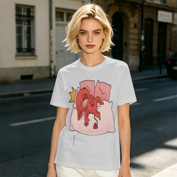 Olive T-Shirt With Cute Red Imp Yawning On Pillows Print