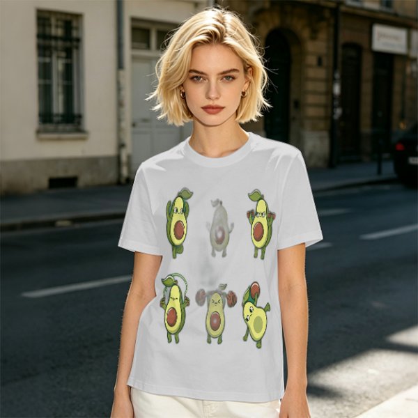 Olive Green T-Shirt with Cartoon Avocado Fitness Characters Print