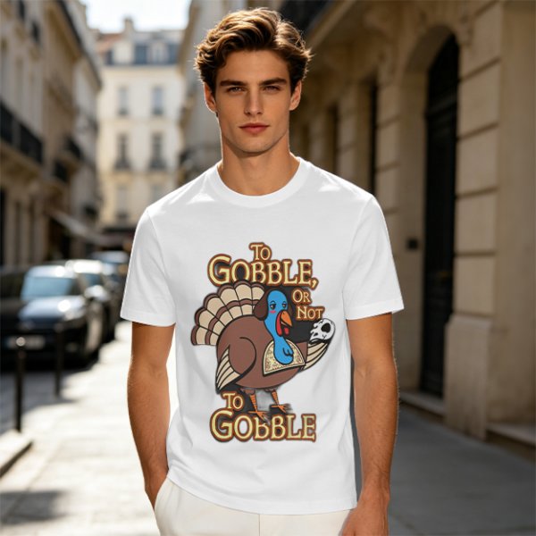 Thanksgiving turkey t-shirt with 'To Gobble Or Not To Gobble' design