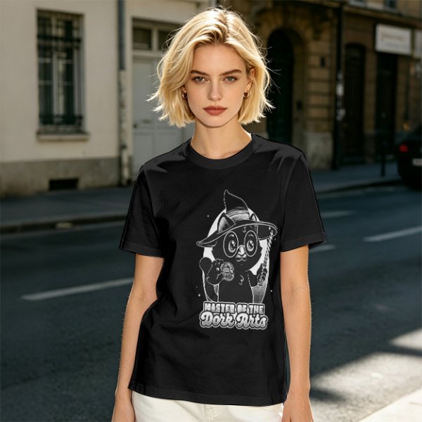 Olive T-Shirt with Black Cat Wizard 'Master of the Dork Arts' Print