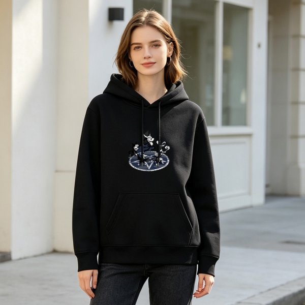 Black hoodie with vintage cartoon devil characters on pentagram