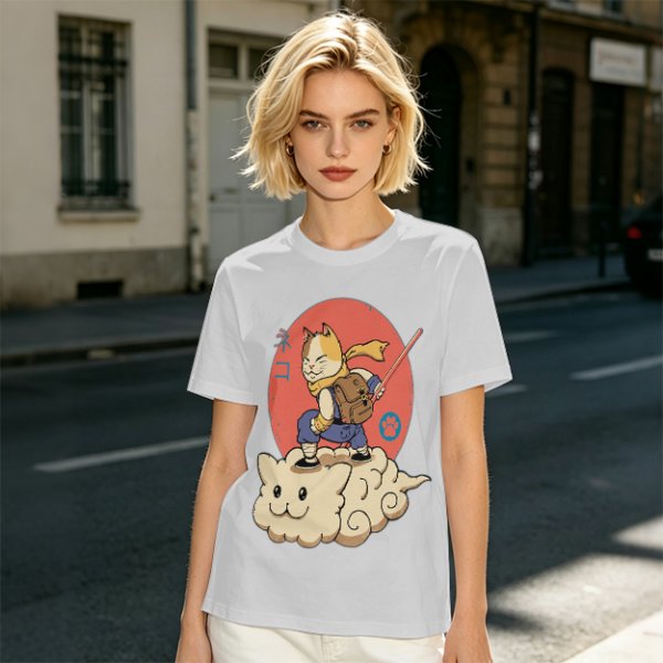 Olive T-shirt with a cat warrior riding a flying cloud graphic
