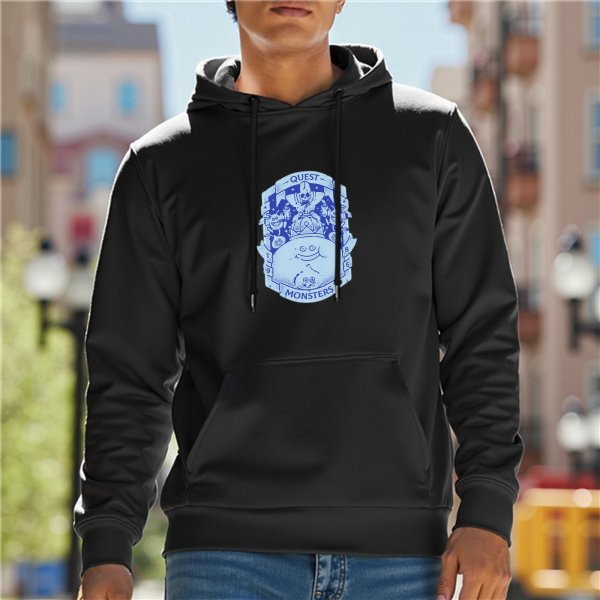 Black hoodie with Questers Monsters themed blue graphic print