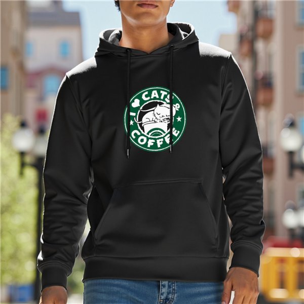 Black Hoodie With I Love Cats And Coffee Cat In Cup Graphic