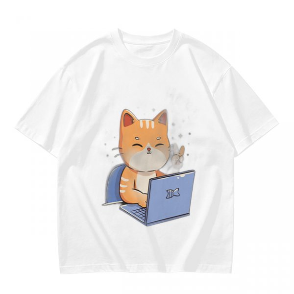 Olive T-Shirt With Cute Orange Cat Working On Laptop Print