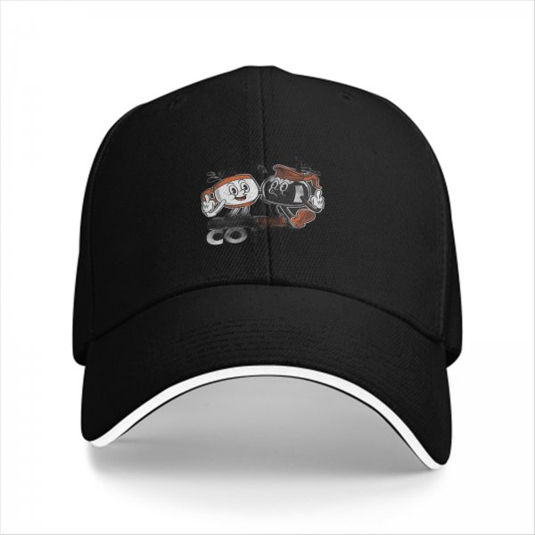 Black Baseball Cap With Retro Coffee Cup Cartoon Characters Print