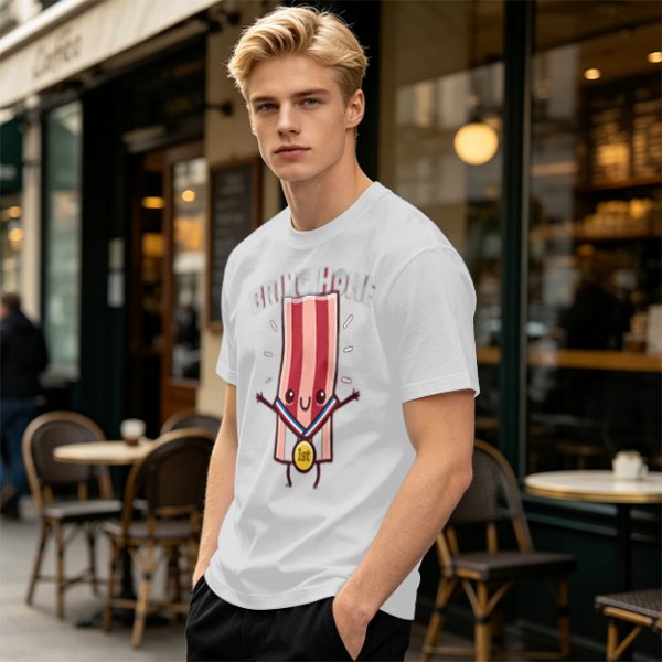 Olive T-Shirt With Cartoon Bacon Champion Medal Print