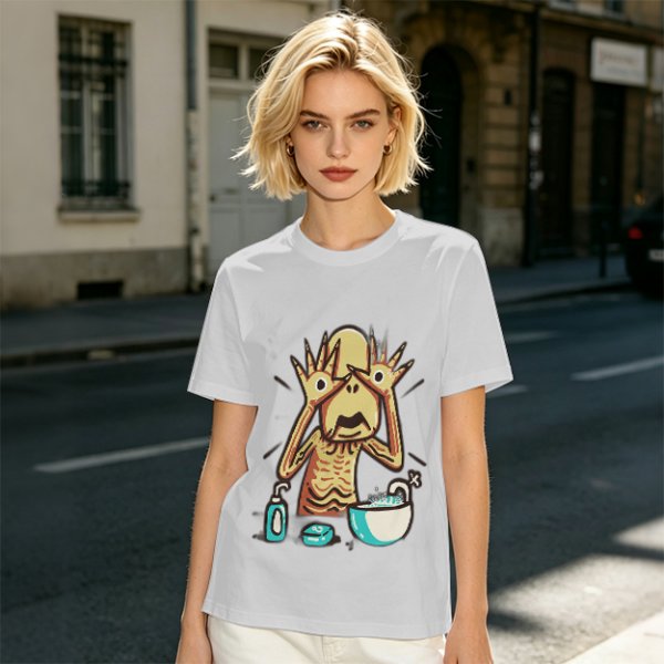 Olive T-shirt with a startled alien washing hands graphic