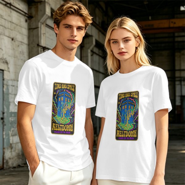 Olive T-Shirt with Psychedelic Time and Space Meltdown Tardis Art