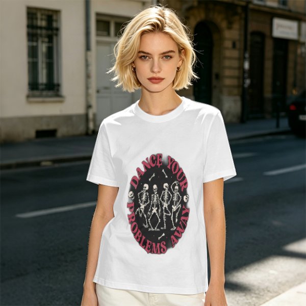 Olive T-shirt with Dancing Skeletons and 'Dance Your Problems Away' Text