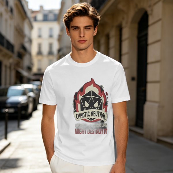 Chaotic Neutral D20 Fire Graphic T-Shirt For Tabletop RPG Fans