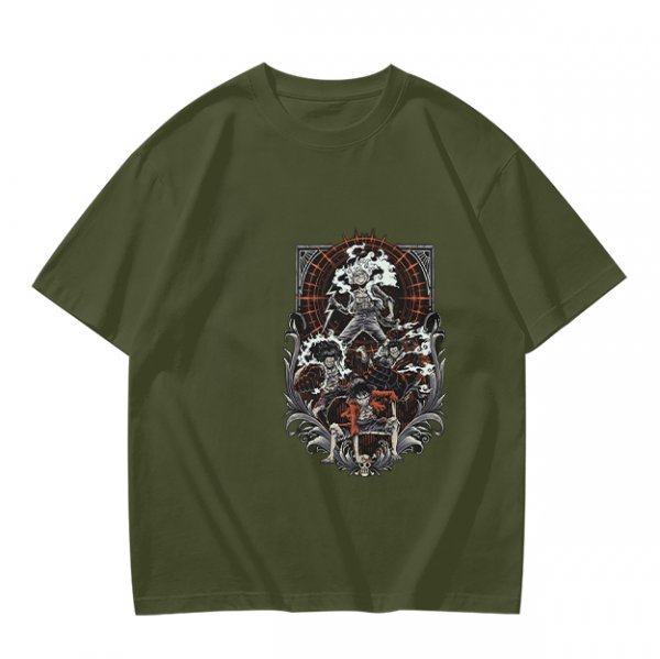 Olive T-shirt with Gothic Anime Character Group Graphic Print