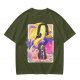 Oriental anime character graphic olive green casual t-shirt