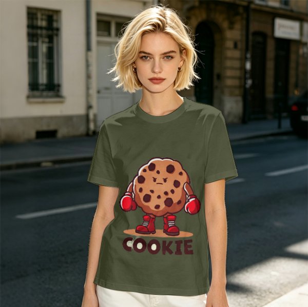 Olive T-Shirt With Angry Boxing Chocolate Chip Cookie Graphic