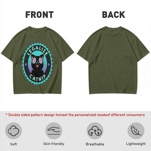 Olive T-Shirt with 'Legalize Catnip' Hypnotic Black Cat Graphic