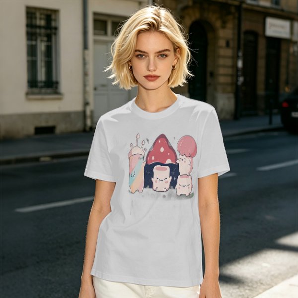 Olive Green T-Shirt With Cute Mushroom Creature Graphic