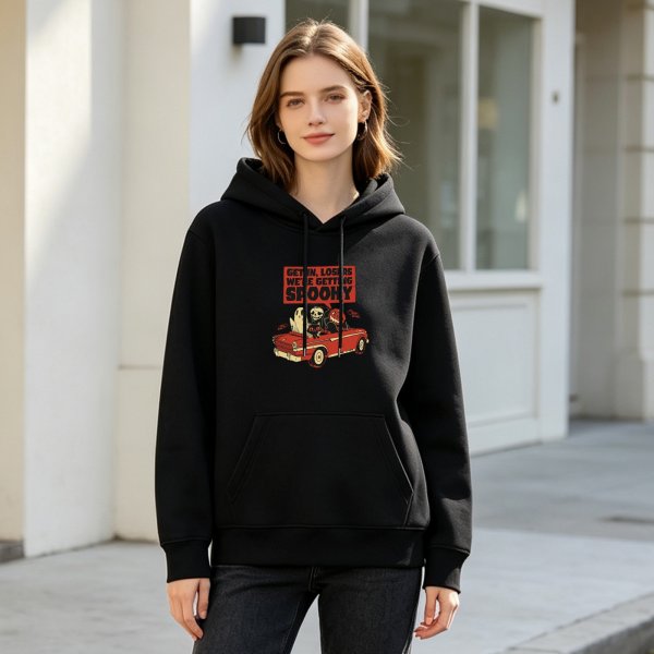 Black Hoodie With 'Get In, Losers We're Getting Spooky' Halloween Car Art