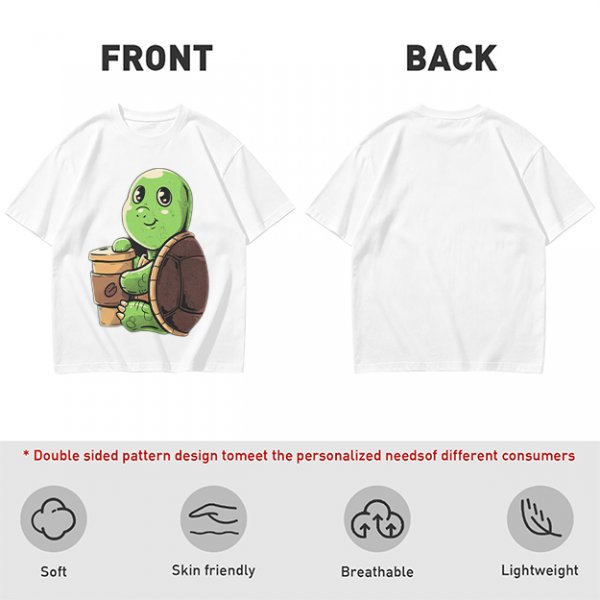 Olive Green T-Shirt With Cute Turtle Holding Coffee Cup Print