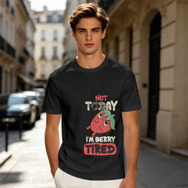 Olive T-Shirt with 'Not Today I'm Berry Tired' Strawberry Print