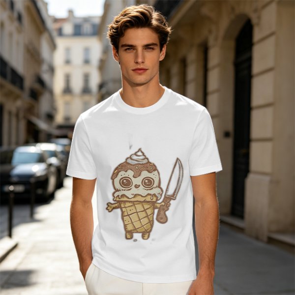 Olive T-Shirt With Cute Ice Cream Cone Holding Knife Print