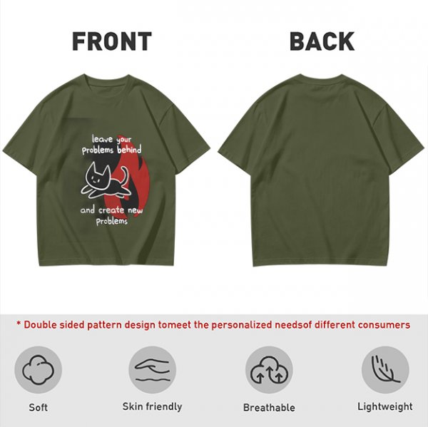 Olive graphic tee with funny cat and leave your problems behind quote