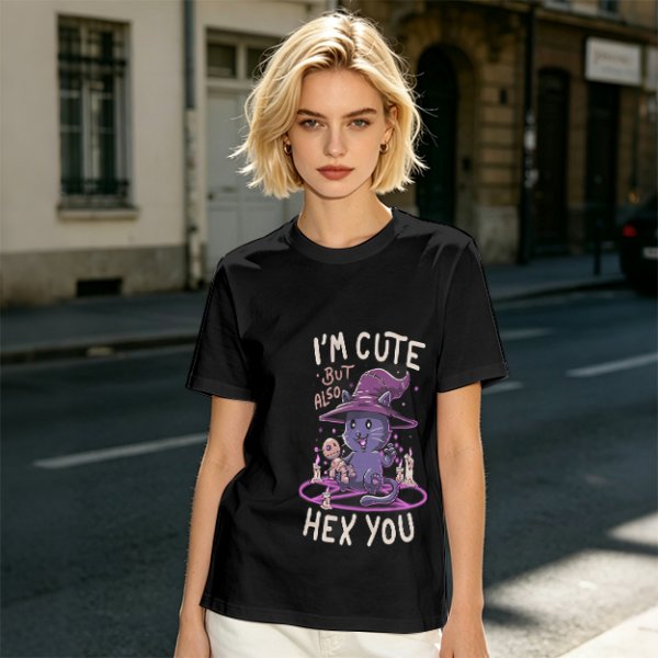 Olive green t-shirt with cute witch cat hex you graphic