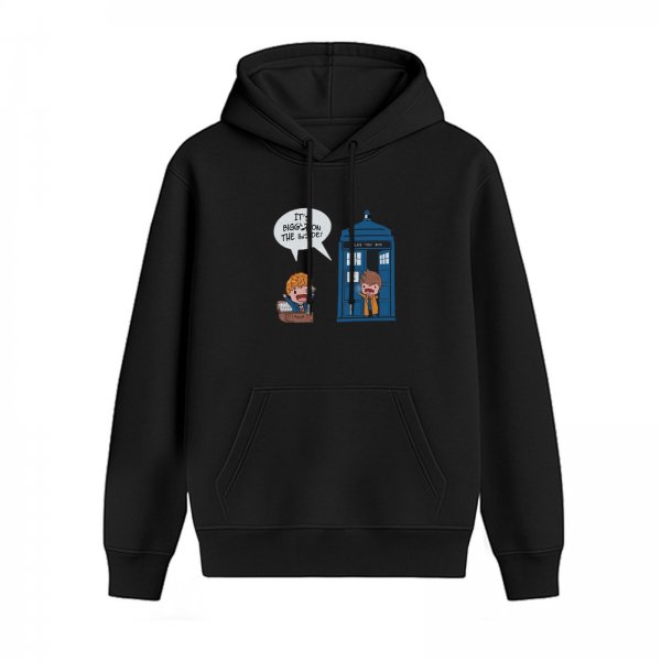 Black hoodie with Doctor Who TARDIS and cartoon character graphic
