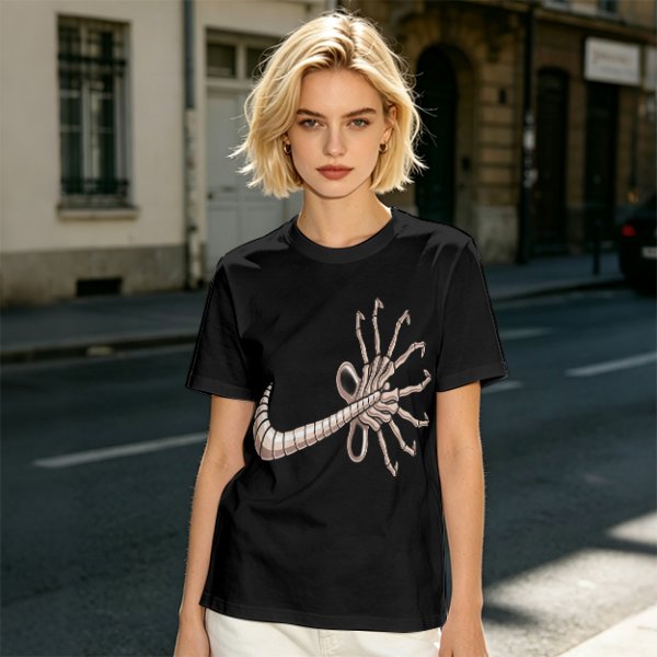 Olive T-shirt with Alien Facehugger Swoosh Graphic Print