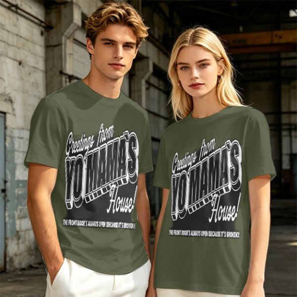 Olive green graphic t-shirt with 'Greetings from Yo Mama's House' print