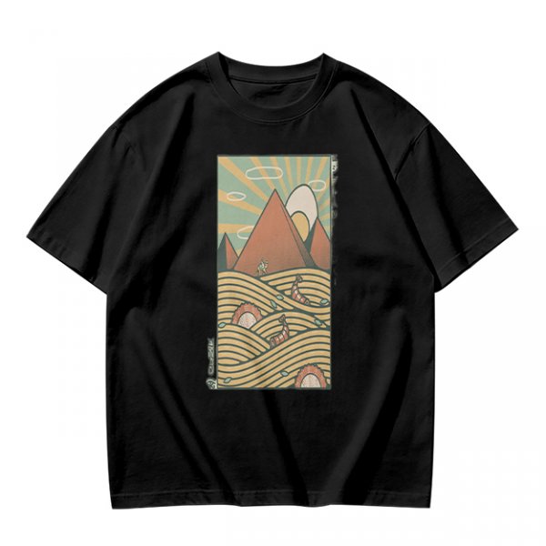 Olive T-Shirt With Retro Mountain And Ramen Noodle Landscape Print