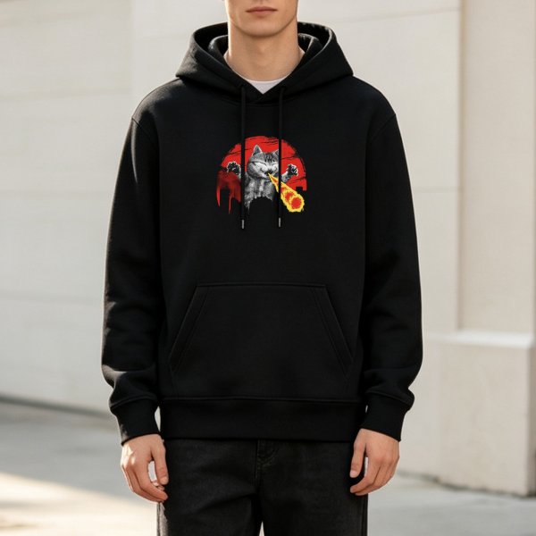 Black Hoodie With Funny Cat Breathing Fire Graphic Print