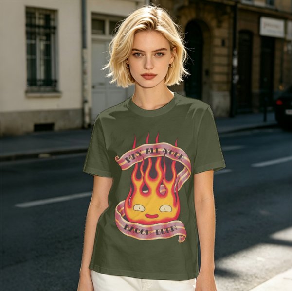 Olive T-Shirt With Calcifire Bacon Fire Graphic Print