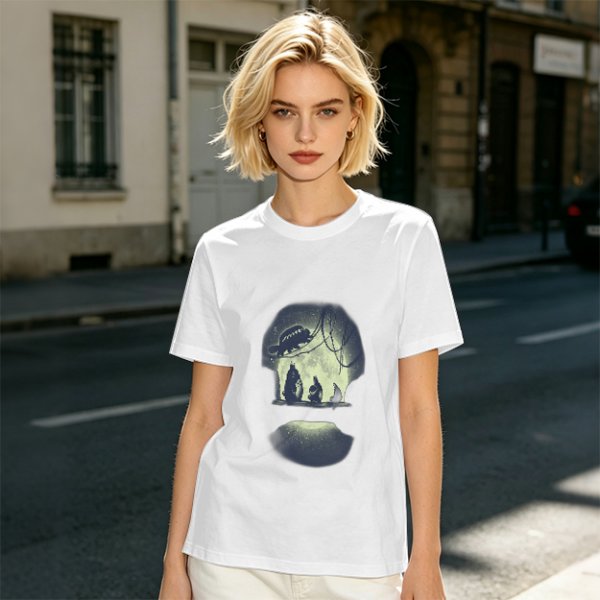 Olive T-Shirt With Skull Silhouette Print Featuring Forest Spirits