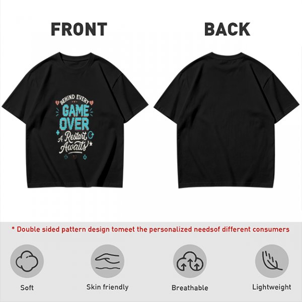 Olive t-shirt with 'Behind Every Game Over A Restart Awaits' gaming print