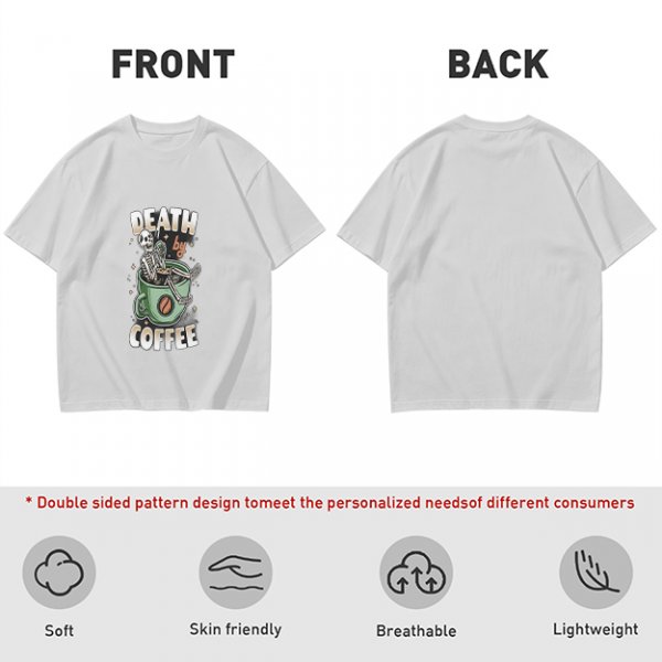 Oversized Army Green T-Shirt With 'Death By Coffee' Skeleton Print