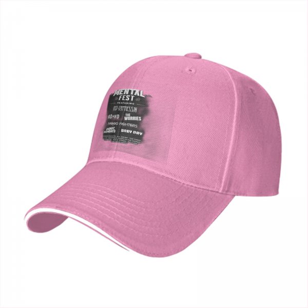 Black baseball cap with Mental Fest themed band-style print