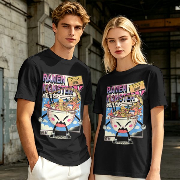 Olive green t-shirt with ramen monster anime graphic print