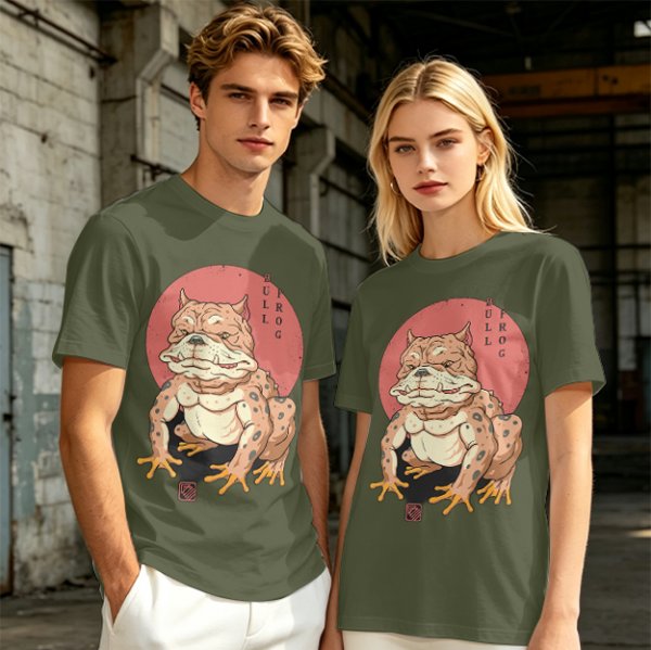 Olive Green T-Shirt With Bulldog Frog Hybrid Graphic Print
