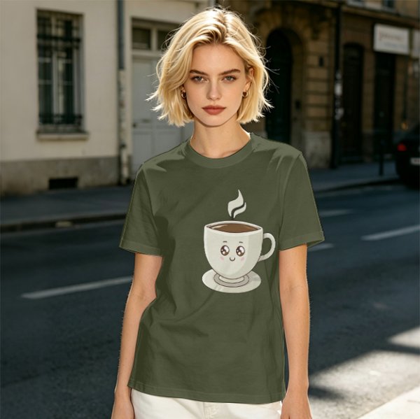Olive Green T-Shirt With Cute Smiling Steaming Coffee Cup Print