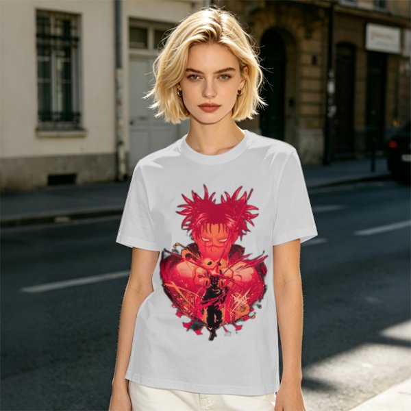 Olive Anime Graphic T-Shirt With Spiky Red Haired Character Art