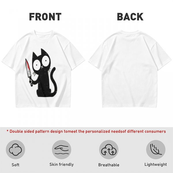 Olive T-shirt with a black cartoon cat holding a bloodied knife
