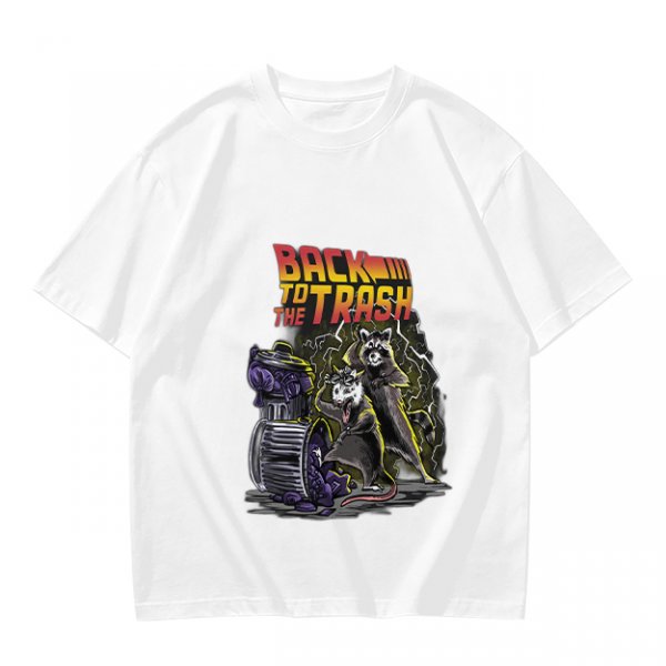 Olive graphic t-shirt with Back to the Trash raccoon design