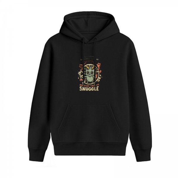Black hoodie with cute demon cat snuggle graphic design